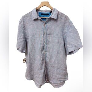Perry Ellis Light Blue Pink Striped Linen Shirt Sz XL Button Up Short Sleeve‎